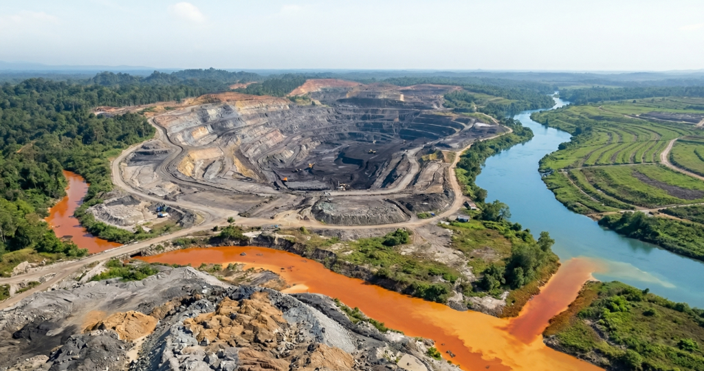 Infografis yang menjelaskan mekanisme pembentukan Air Asam Tambang (AAT) dari reaksi oksigen, air, dan mineral sulfida, serta memperlihatkan dampaknya yang mengubah aliran sungai menjadi berwarna oranye pekat di area pertambangan batubara.