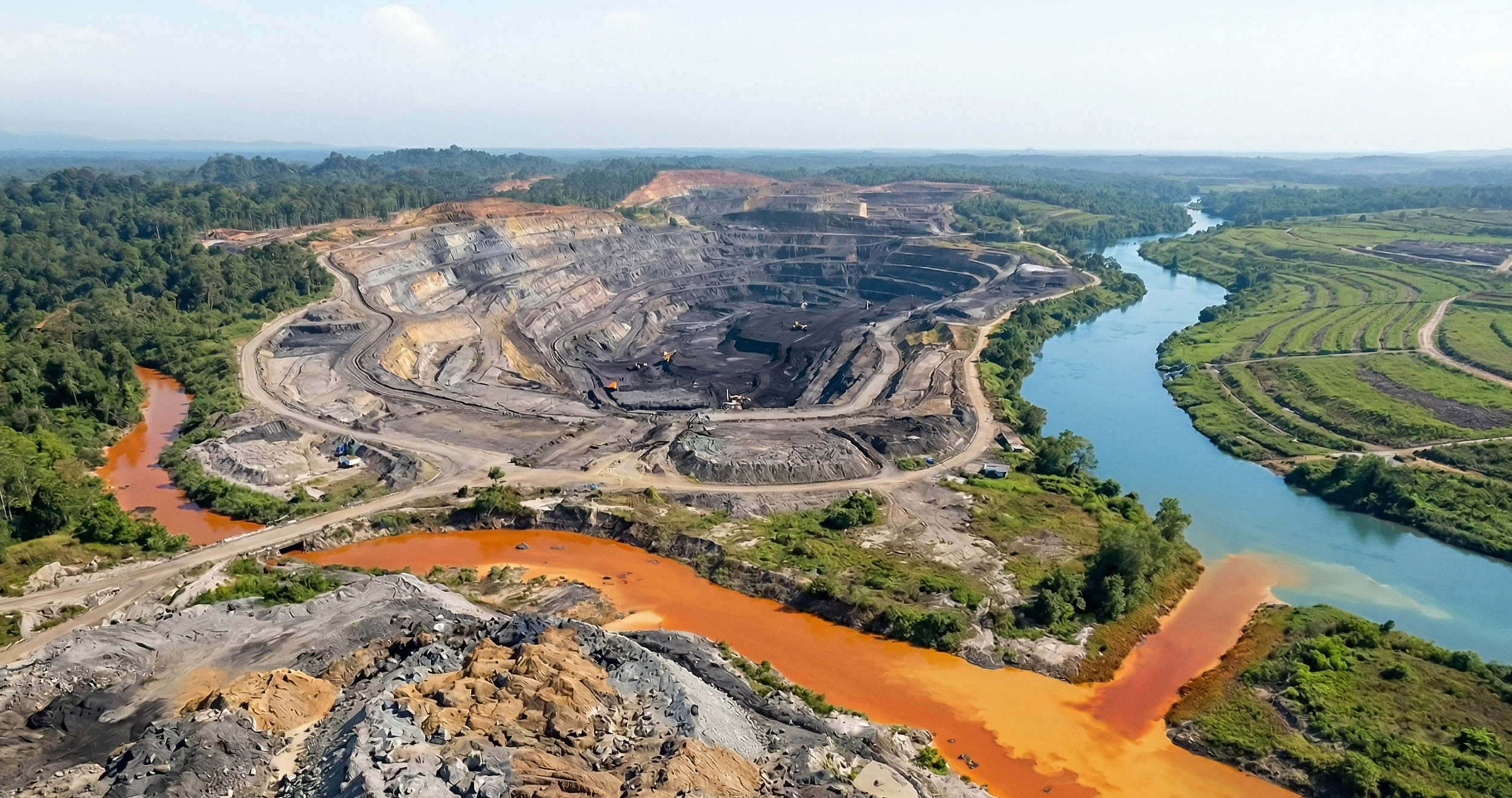 Infografis yang menjelaskan mekanisme pembentukan Air Asam Tambang (AAT) dari reaksi oksigen, air, dan mineral sulfida, serta memperlihatkan dampaknya yang mengubah aliran sungai menjadi berwarna oranye pekat di area pertambangan batubara.